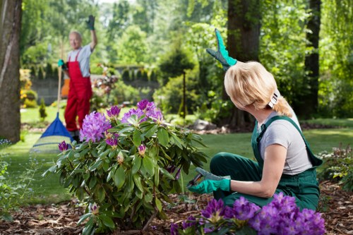 Crew preparing to mow a small Shadwell lawn in a terraced garden